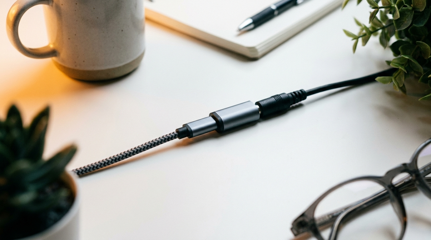 Neat plug adapter joining two different cable ends on an off-white desk, softly lit with amber accent