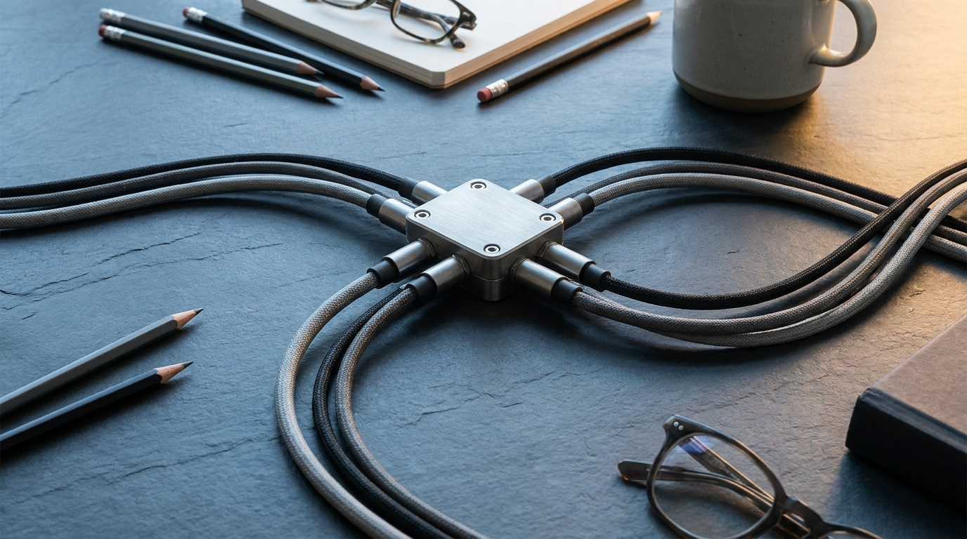 Central multi-port splitter with orderly cables branching across slate-grey surface, evoking Zapier vs. Make: The Definitive Choice for Your First Project