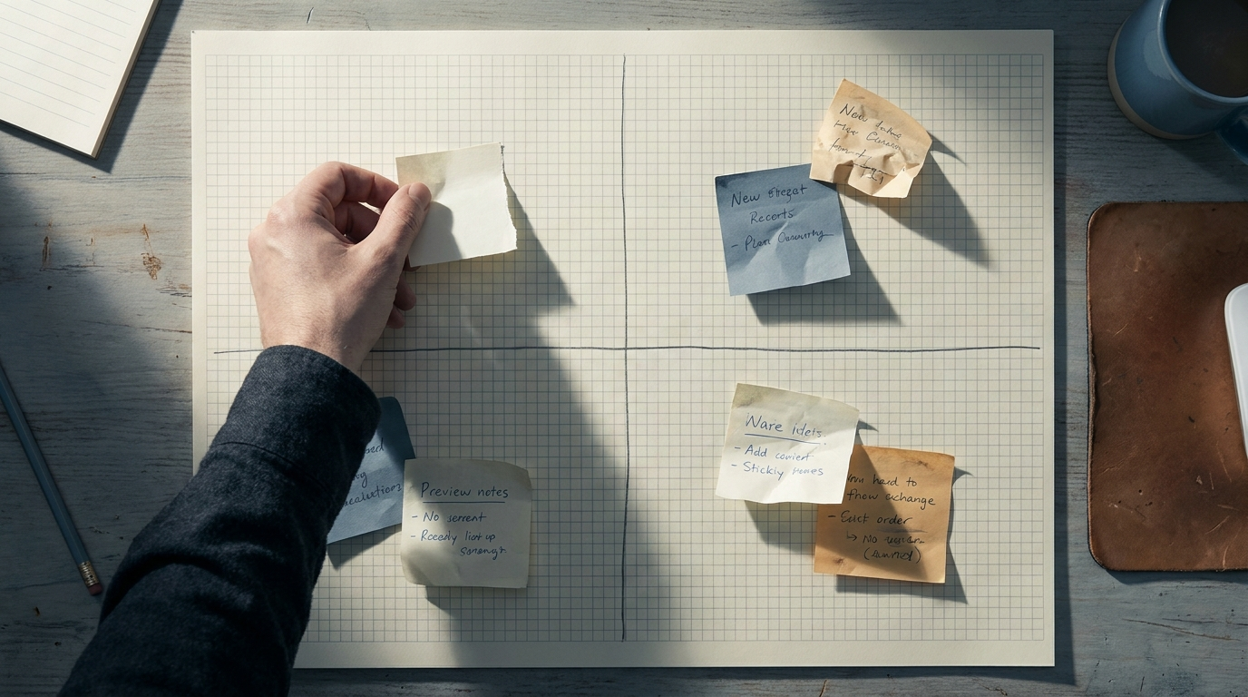 A hand places a sticky note on four-quadrant grid paper under cool side light, methodical and tidy.