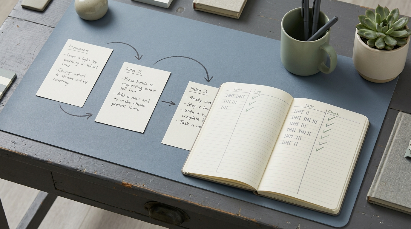 Three index cards linked by arrows beside a tally notebook, mapping Build Your First Automation Roadmap: A 90-Day Plan.