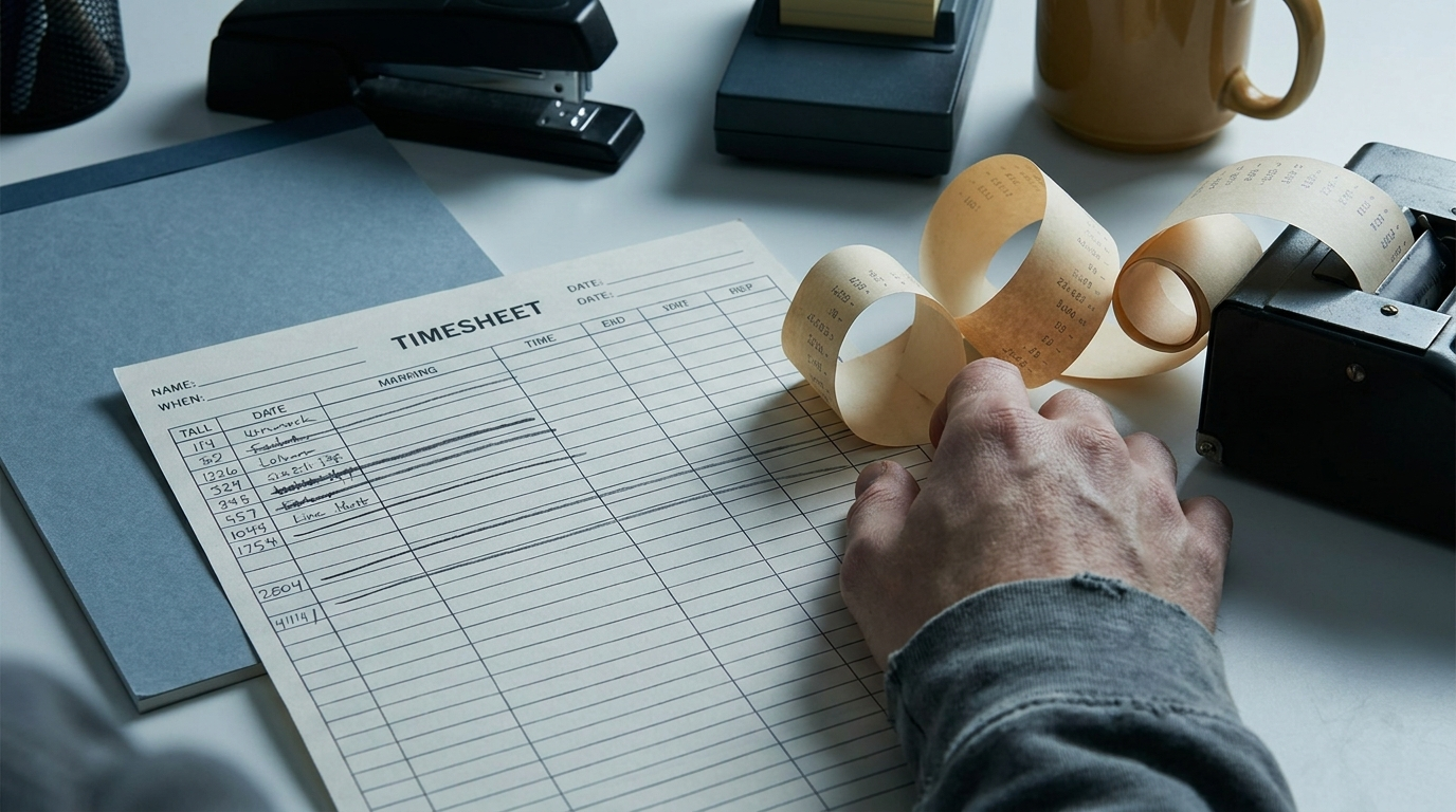Crossed-out timesheet grid, adding machine tape, and resting hand on cool grey desk under directional office light.