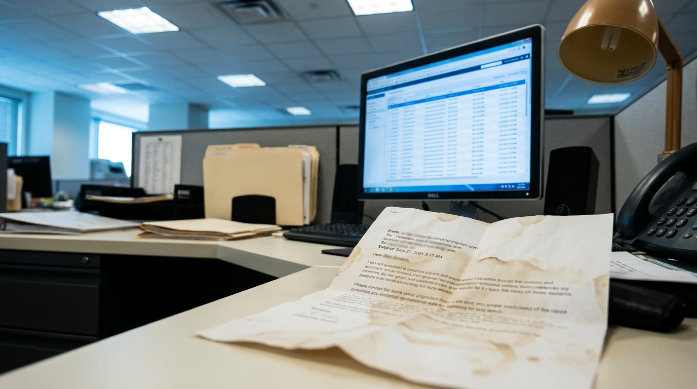 Low-angle office desk scene with glowing monitor, identical rows onscreen, and crumpled paper in soft foreground.