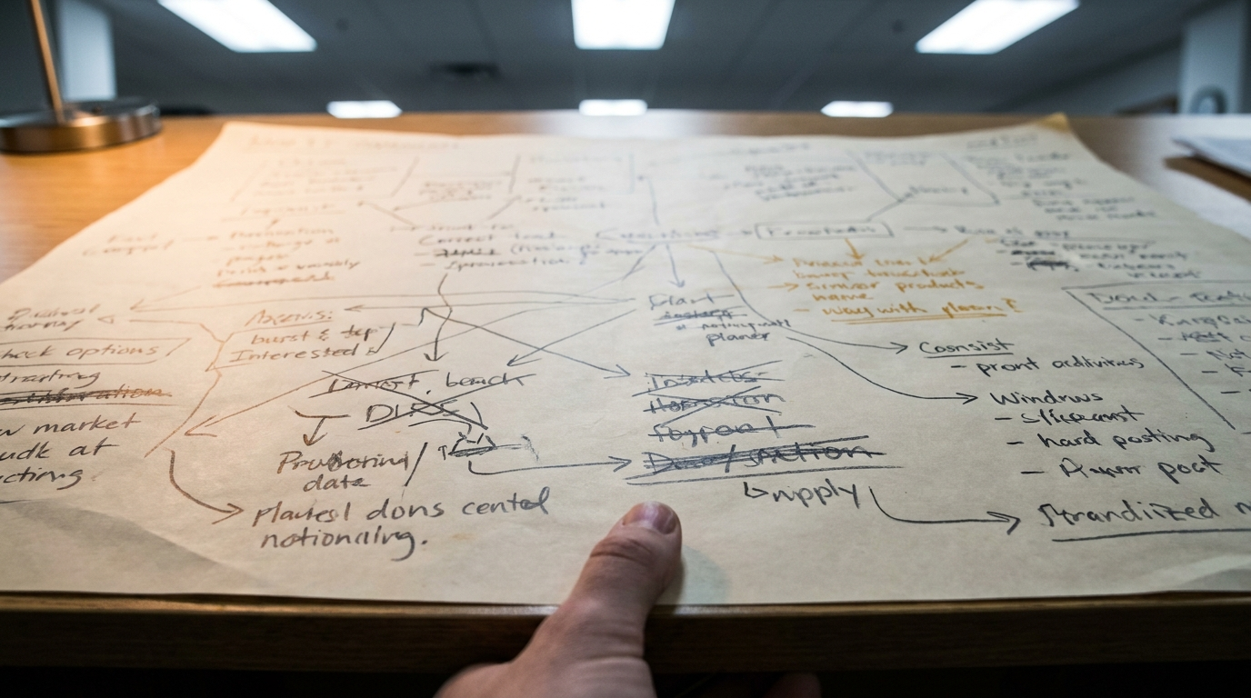 Handwritten notes, arrows, and crossed-out lines cover a paper sheet, reflecting When Not to Automate: 4 Processes to Keep Manual.
