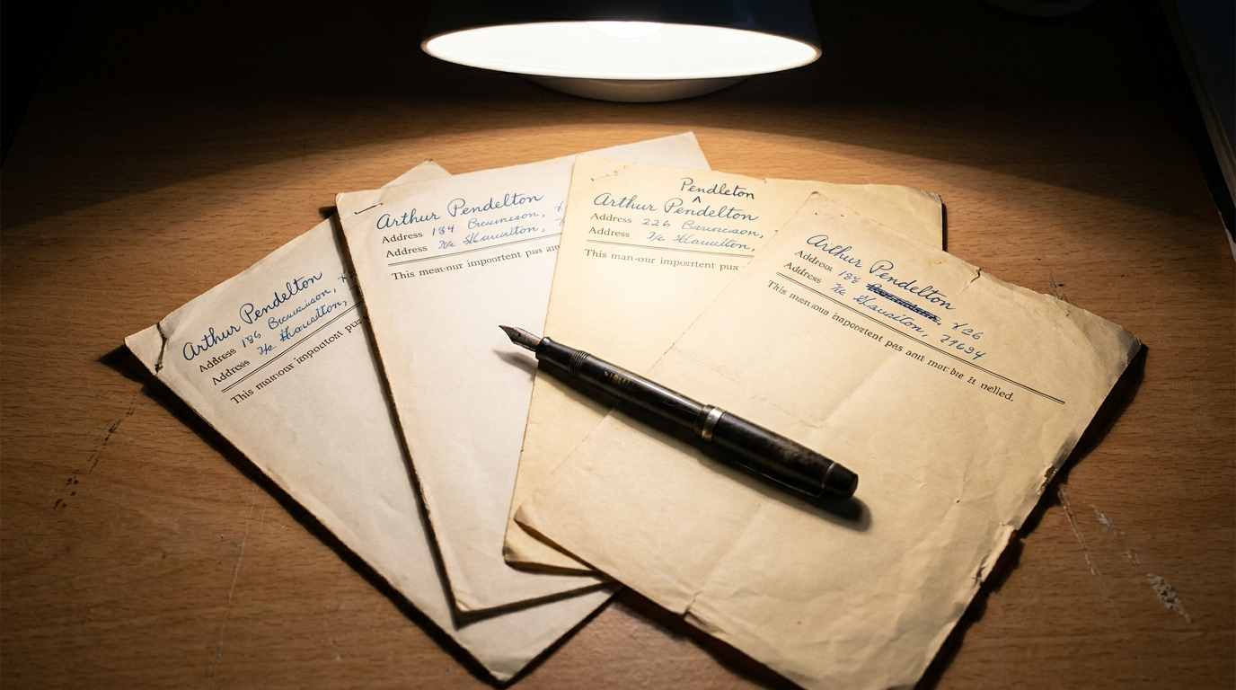 Four paper forms with mismatched handwritten details and a pen on a shadowed desk surface.