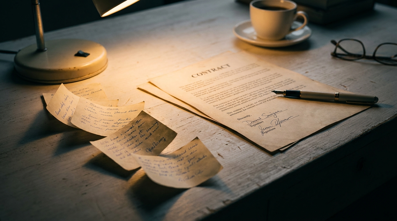 Signed contract centered among waiting paper notes on a dim desk, suggesting a business automation checklist.