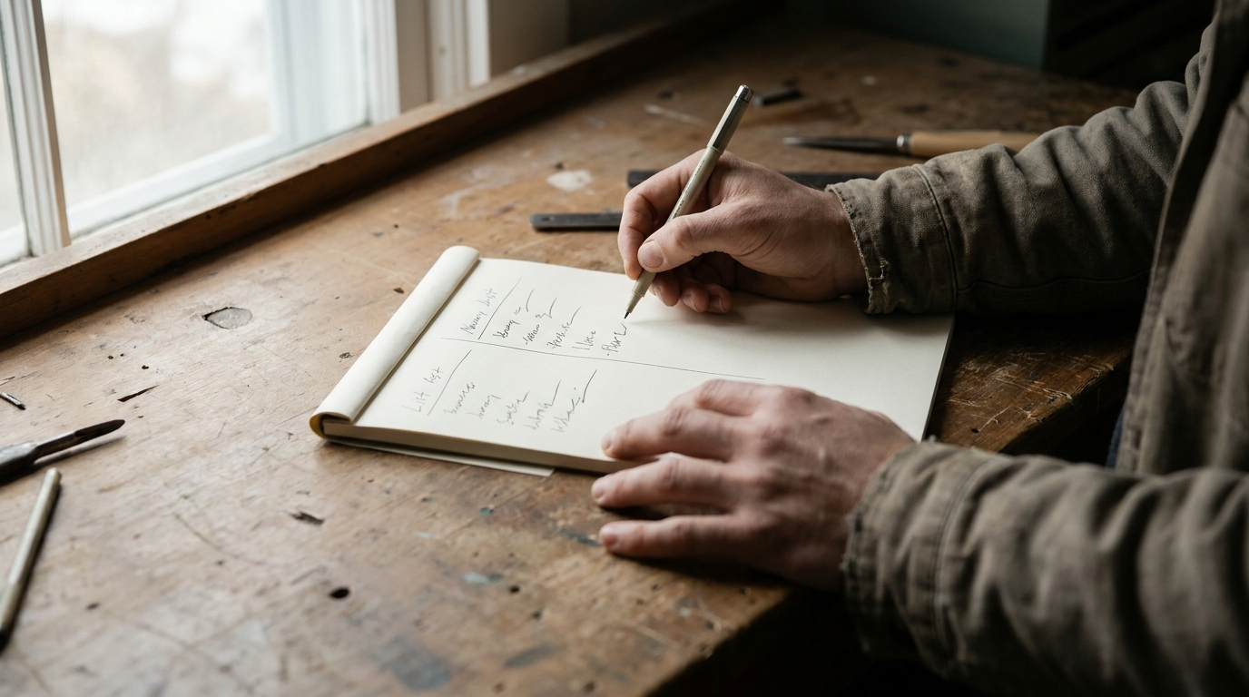 Hands sketching a two-column list on a notepad at a bare wooden desk in soft morning light.