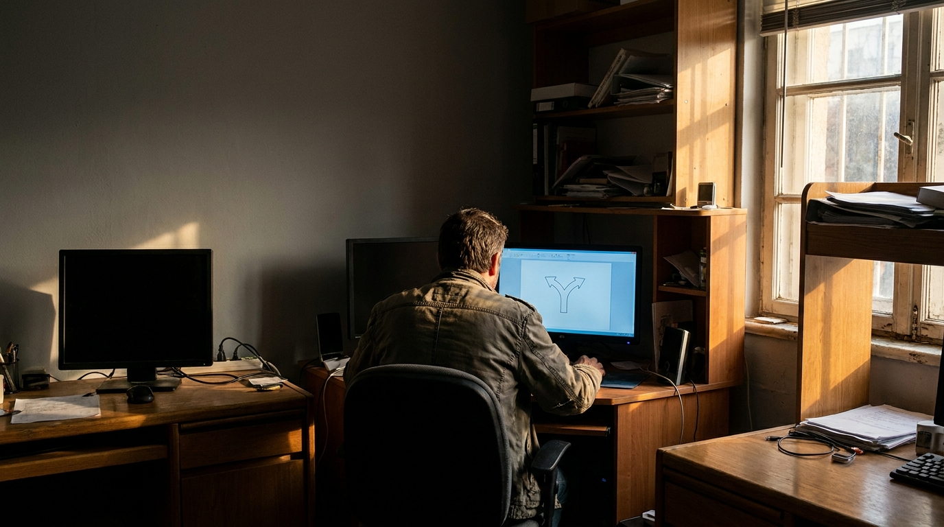 Back view of person at dual monitors with branching diagram, reflecting The Zero-Touch Lead Follow-Up setup.