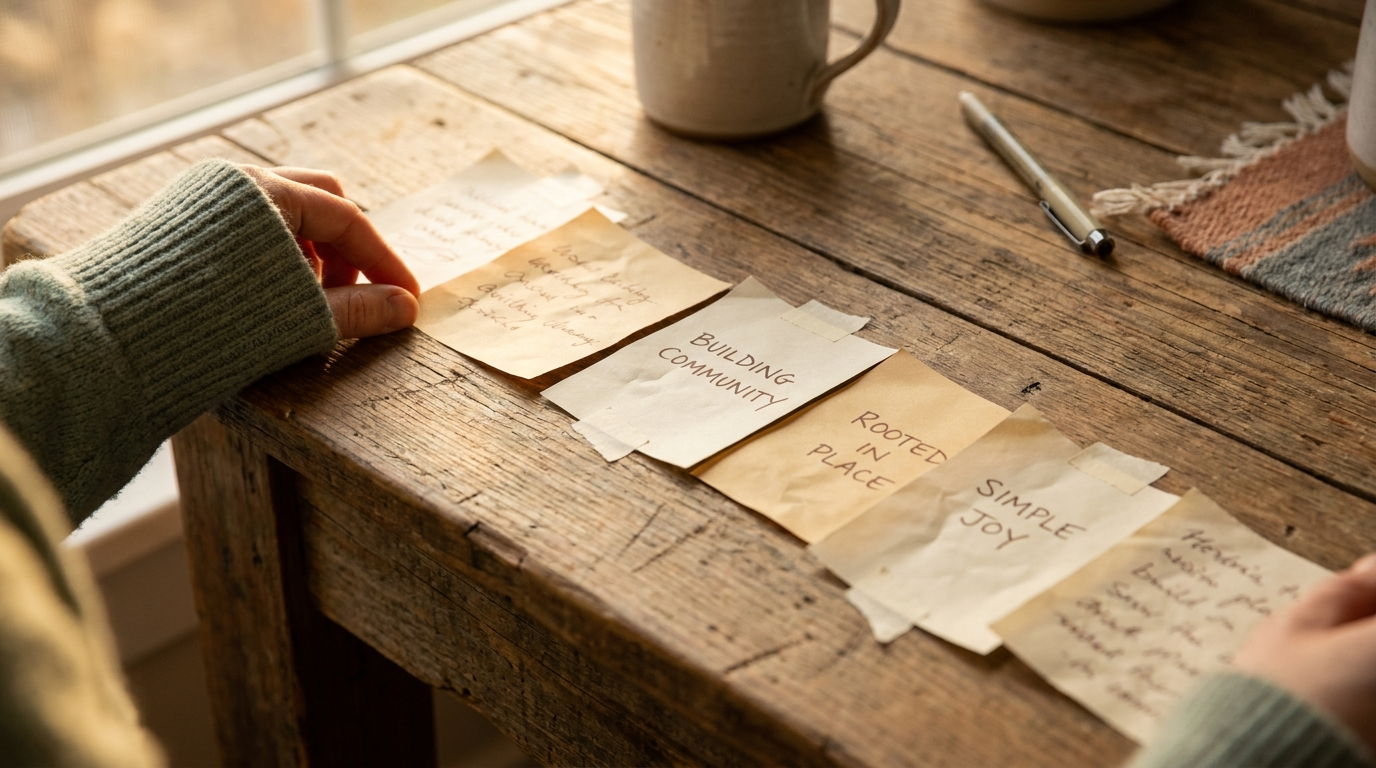 On a warm wooden table, fingers reorder sticky notes under soft side light in a hands-on editorial scene