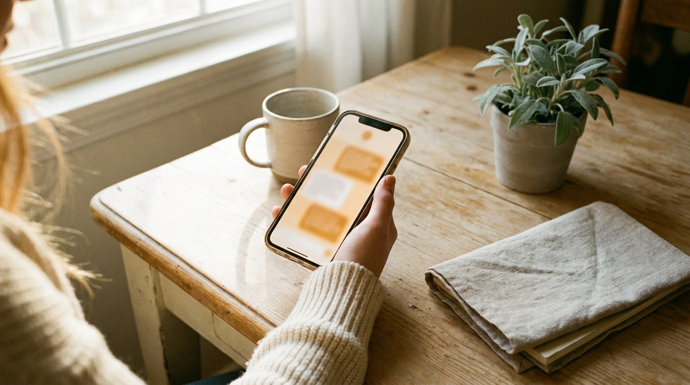 Hand holding a glowing smartphone above light wood surface, evoking practical AI automations with warm window light