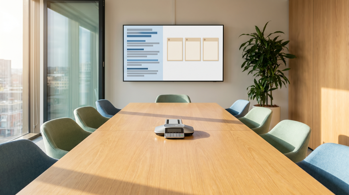 Empty conference room with glowing recorder light, abstract waveform display, and calendar markers for ways to use AI to save time.