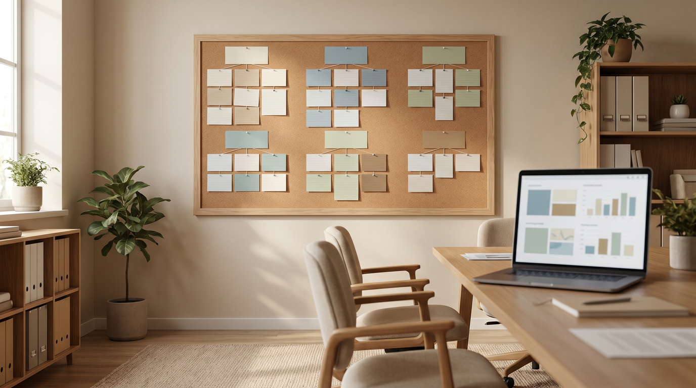 Support room wall with colorful tokens flowing into clustered feedback channels and priority lanes in warm light.