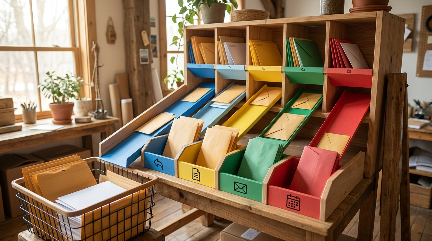 Mailroom-style sorting rack with blank envelopes moving through color-coded reply, invoice, lead, and scheduling lanes