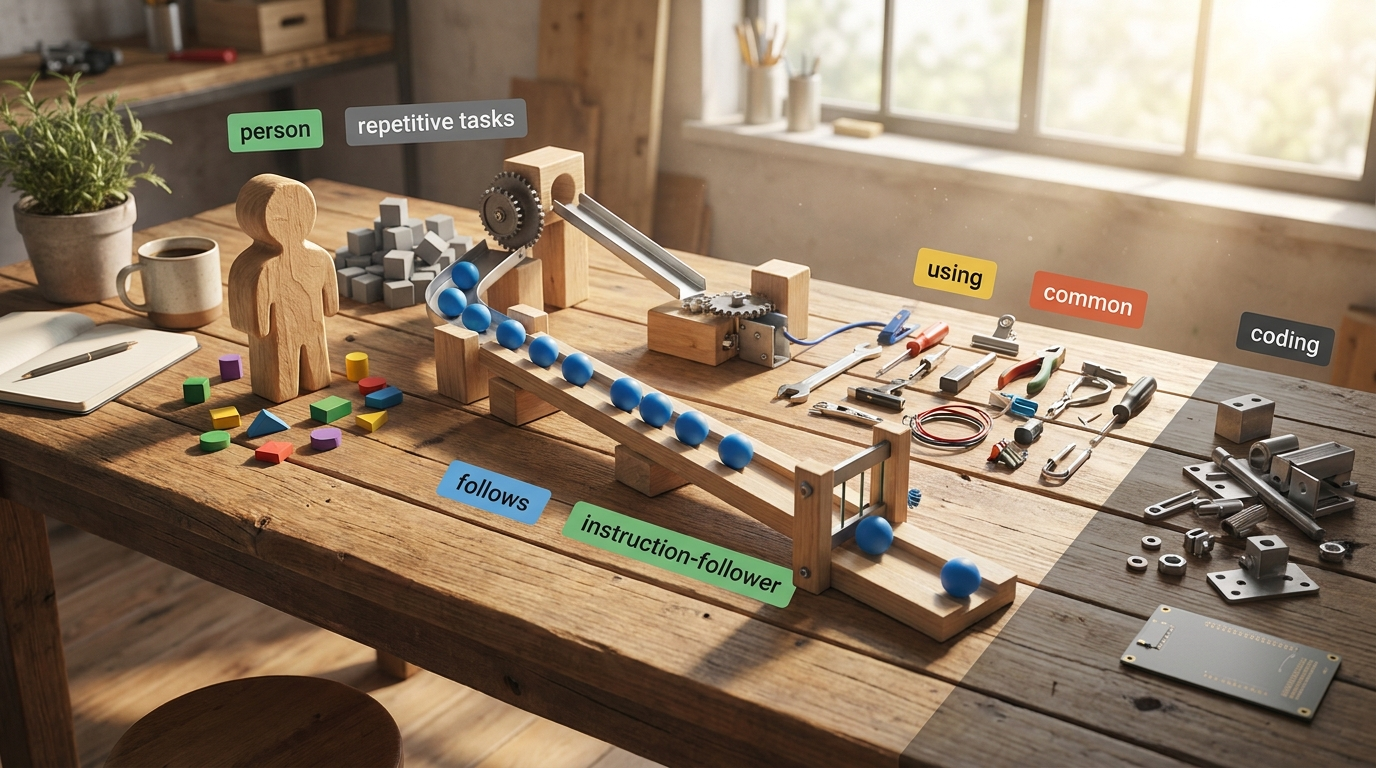 Sunlit process display with pre-set tool stations, abstract instruction markers, and a person beside organized workflow automation explained props